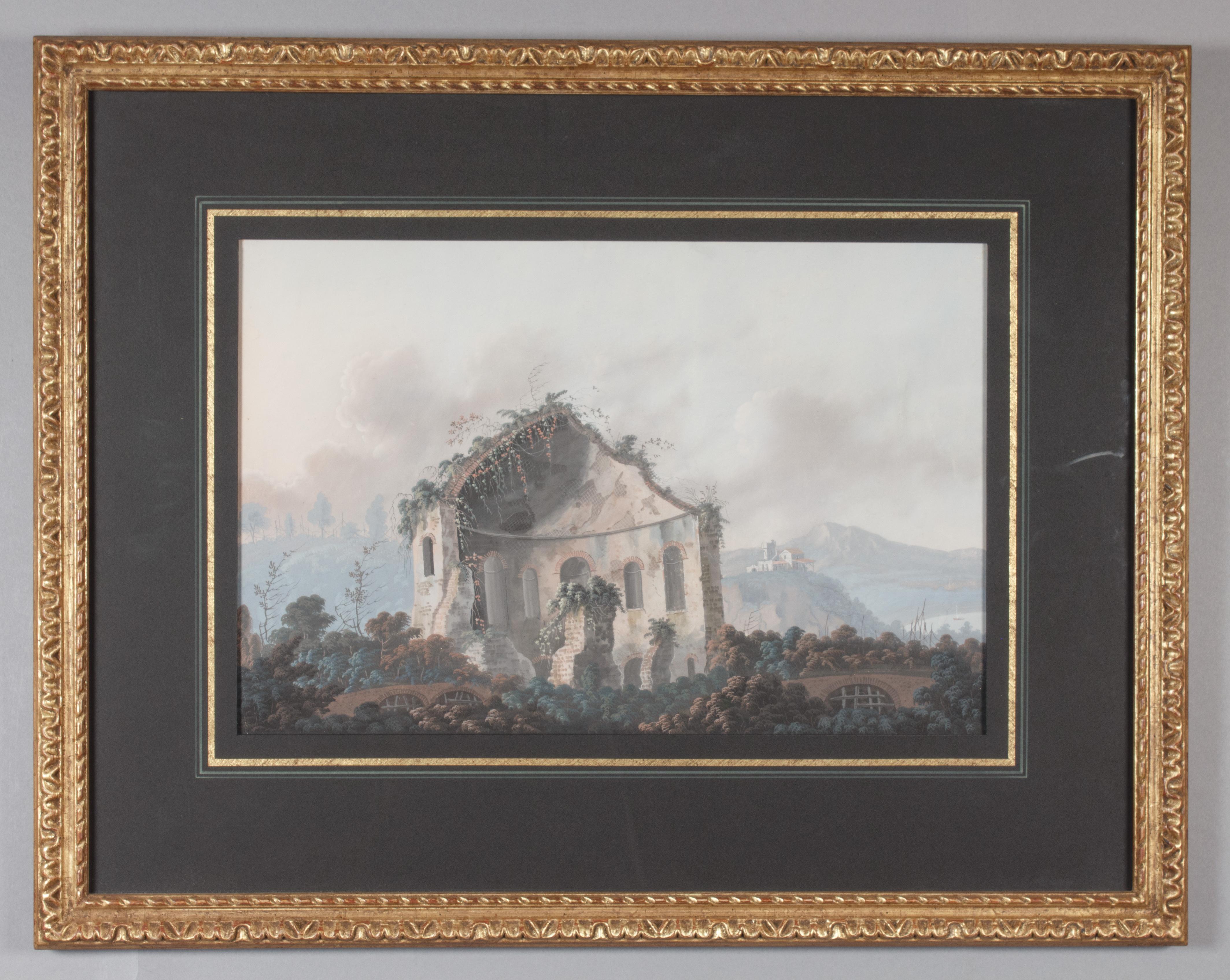 Landscape Art Unknown - Une gouache italienne du XIXe siècle représentant le temple de Diane à Baia