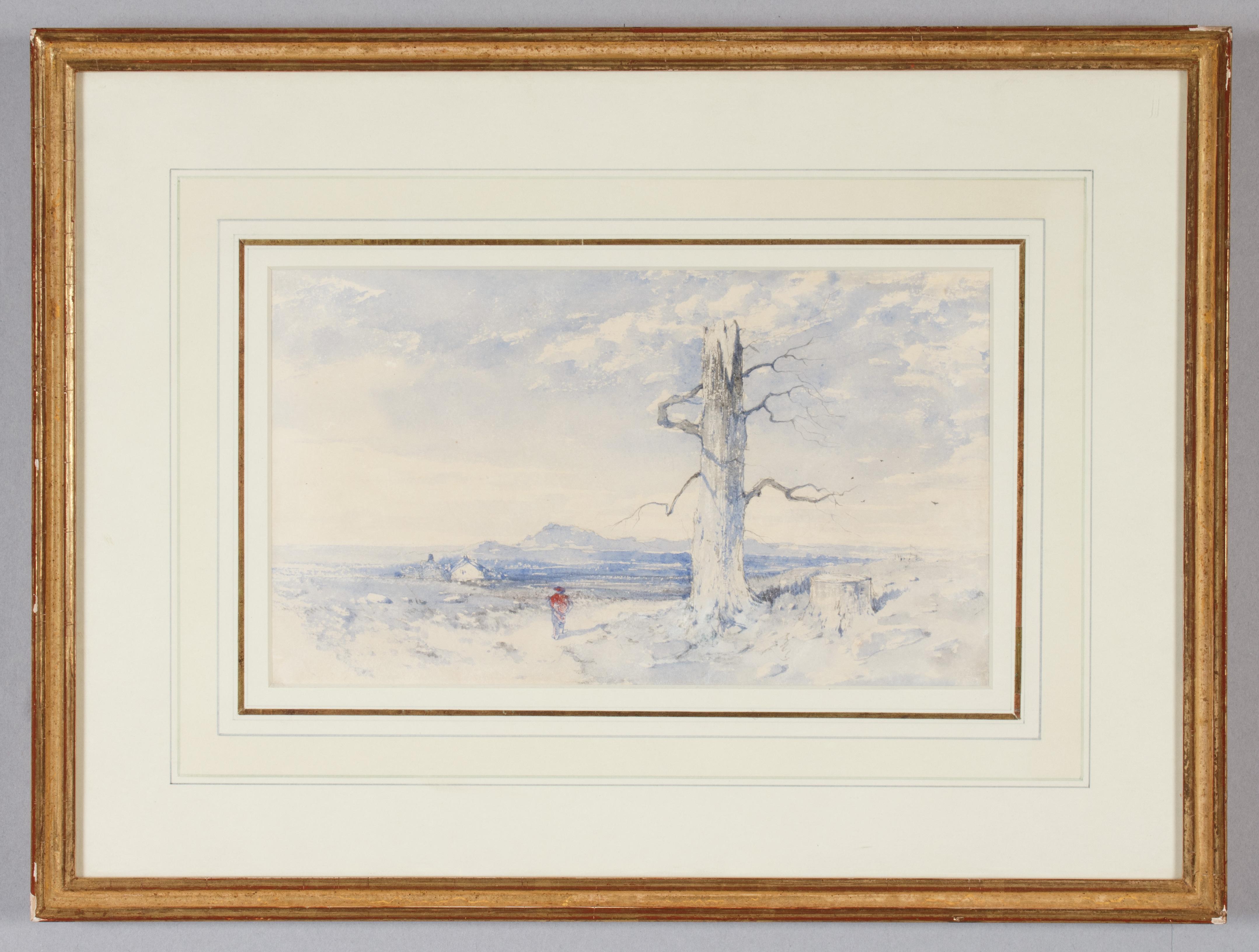 William James Blacklock
(English, 1816-1858)
Rural Landscape,  
Watercolor on paper, 5 7/8 x 7 7/8 inches
Framed: 15 x 18 inches (approx.)

Inscribed on verso: (in pencil) "Heath scene in Cumberland/by W.J. Blacklock"; (pencil, different hand)