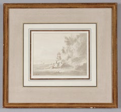 Antique Pastoral Drawing of a Young Man Resting by the Roadside