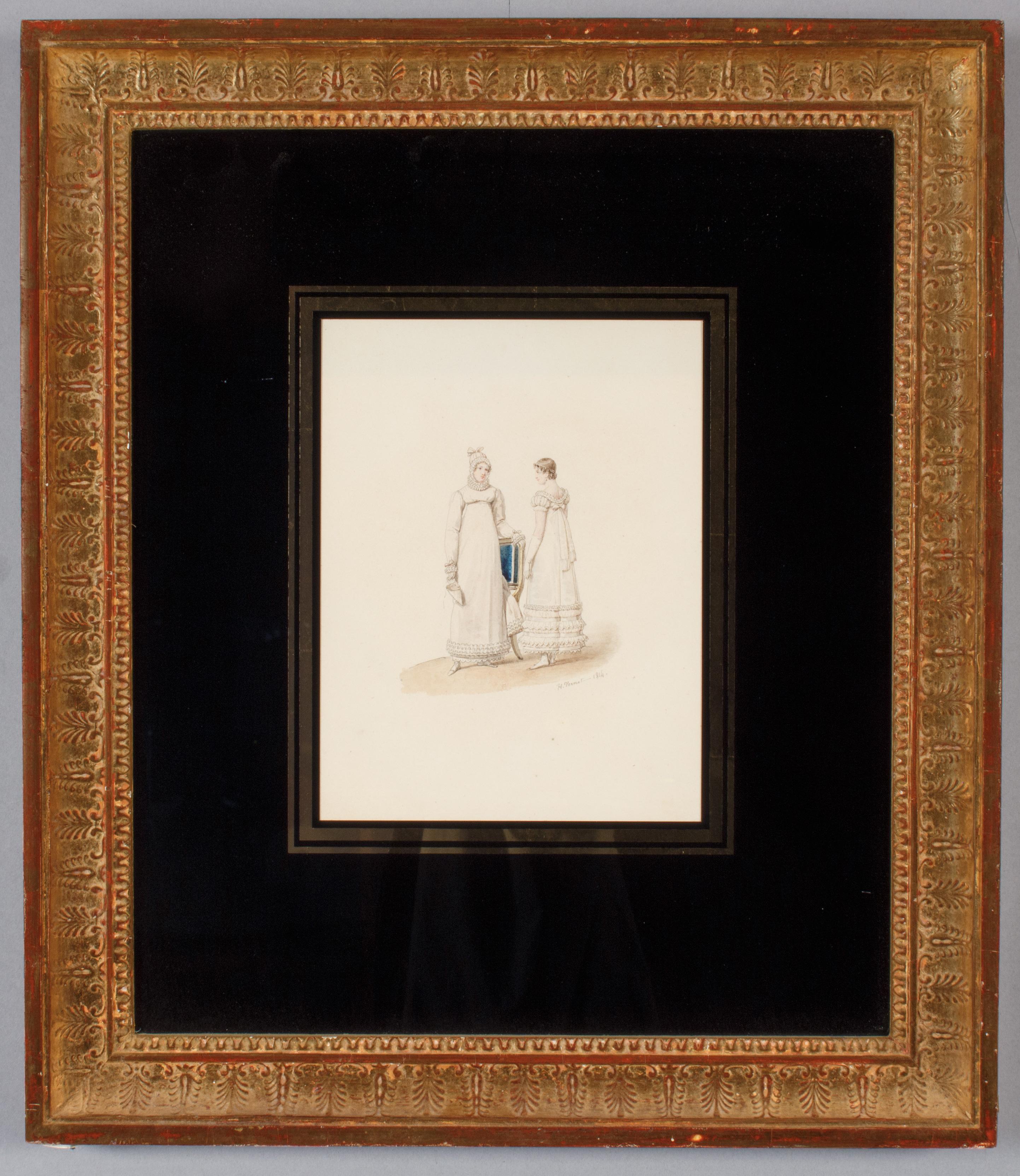 Französische Mode: Zwei Damen, eine Zeichnung von Horace Vernet, 1814