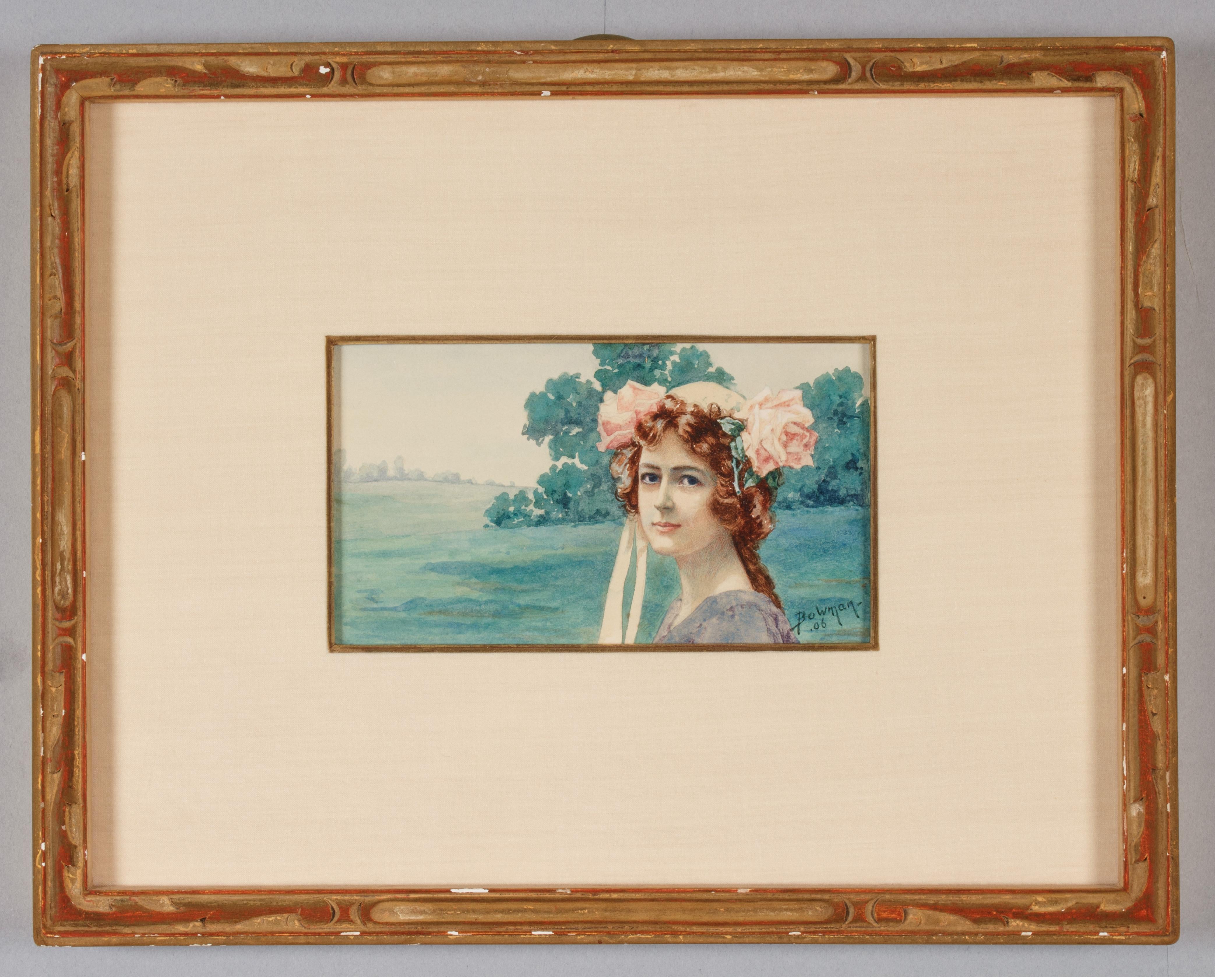 Watercolor Portrait of a Girl with Roses signed Bowman 1906