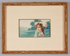 Antique Watercolor Portrait of a Girl with Roses signed Bowman 1906