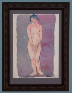 Antique Standing Female Nude watercolor by Philadelphia Artist Adolphe Borie