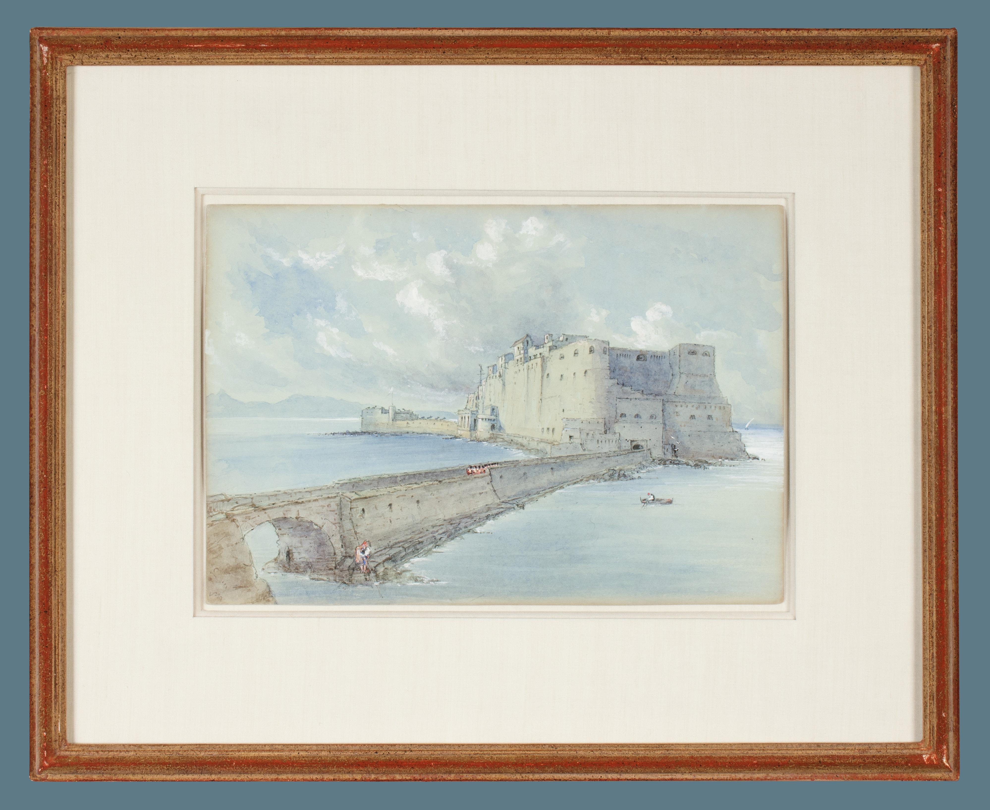 Watercolor featuring Castel dell'Ovo, Naples, 1851 by English Artist Howman - Gray Landscape Art by Edward Howman