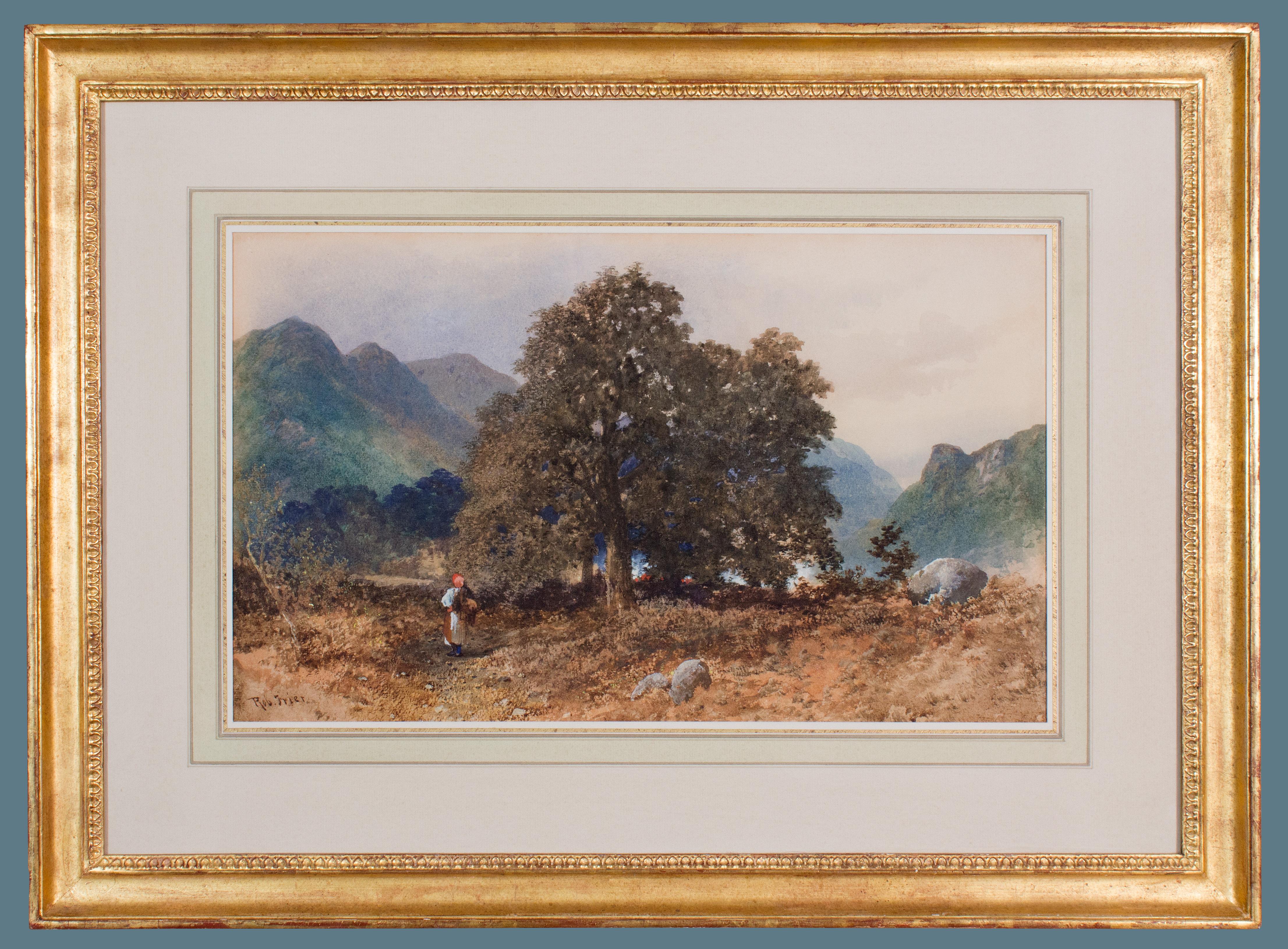 Robert Frier
(Scottish, 1855–1912)
Scottish Landscape
Watercolor on paper, 11 x 18 3/4 inches (sight)
Framed: 21 x 28 inches (approx.)
Signed at lower left: "Rob Frier"
Inscribed on verso: (in pencil on modern backing) "Hell's Glen/by English [sic]