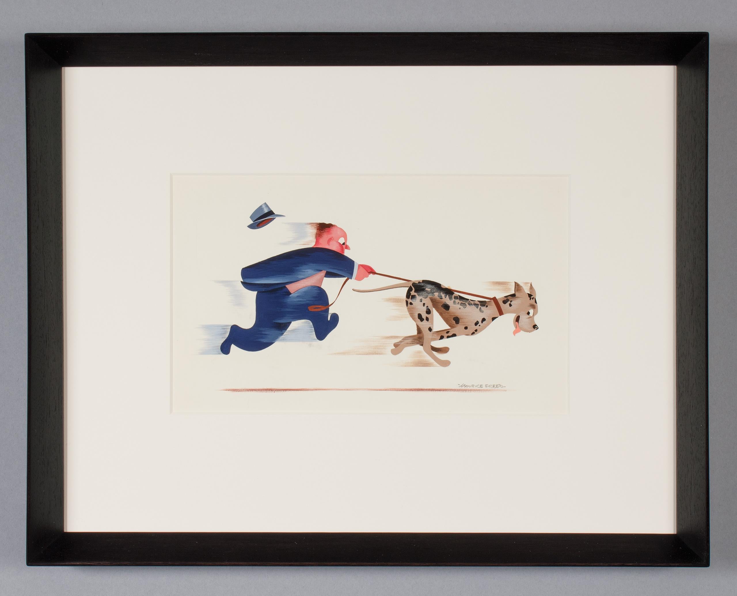 Ilustración humorística de un hombre paseando a su perro por Maurice Freed