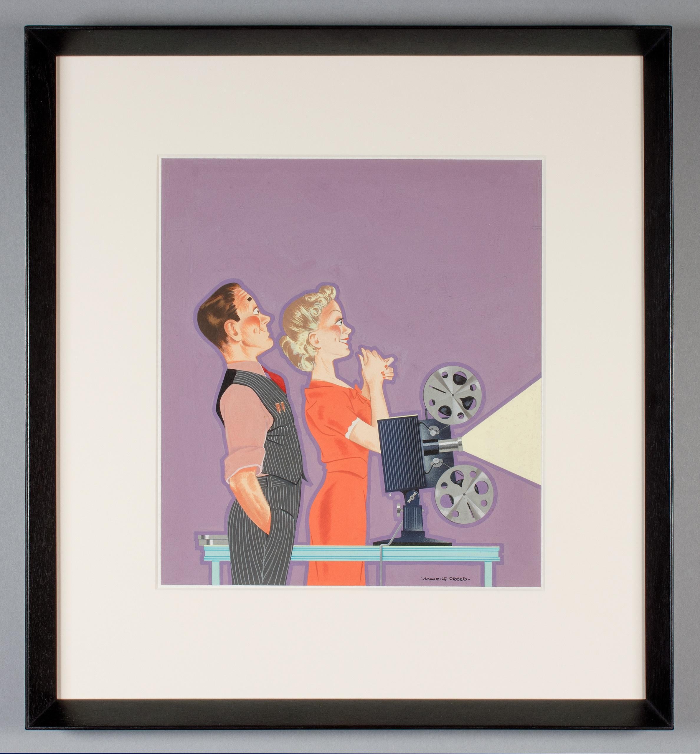 Illustrazione stravagante di una coppia con un proiettore di film in casa di Maurice Freed