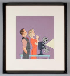Illustrazione stravagante di una coppia con un proiettore di film in casa di Maurice Freed