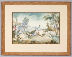 Peasants in a Landscape: Antique Watercolor on Vellum