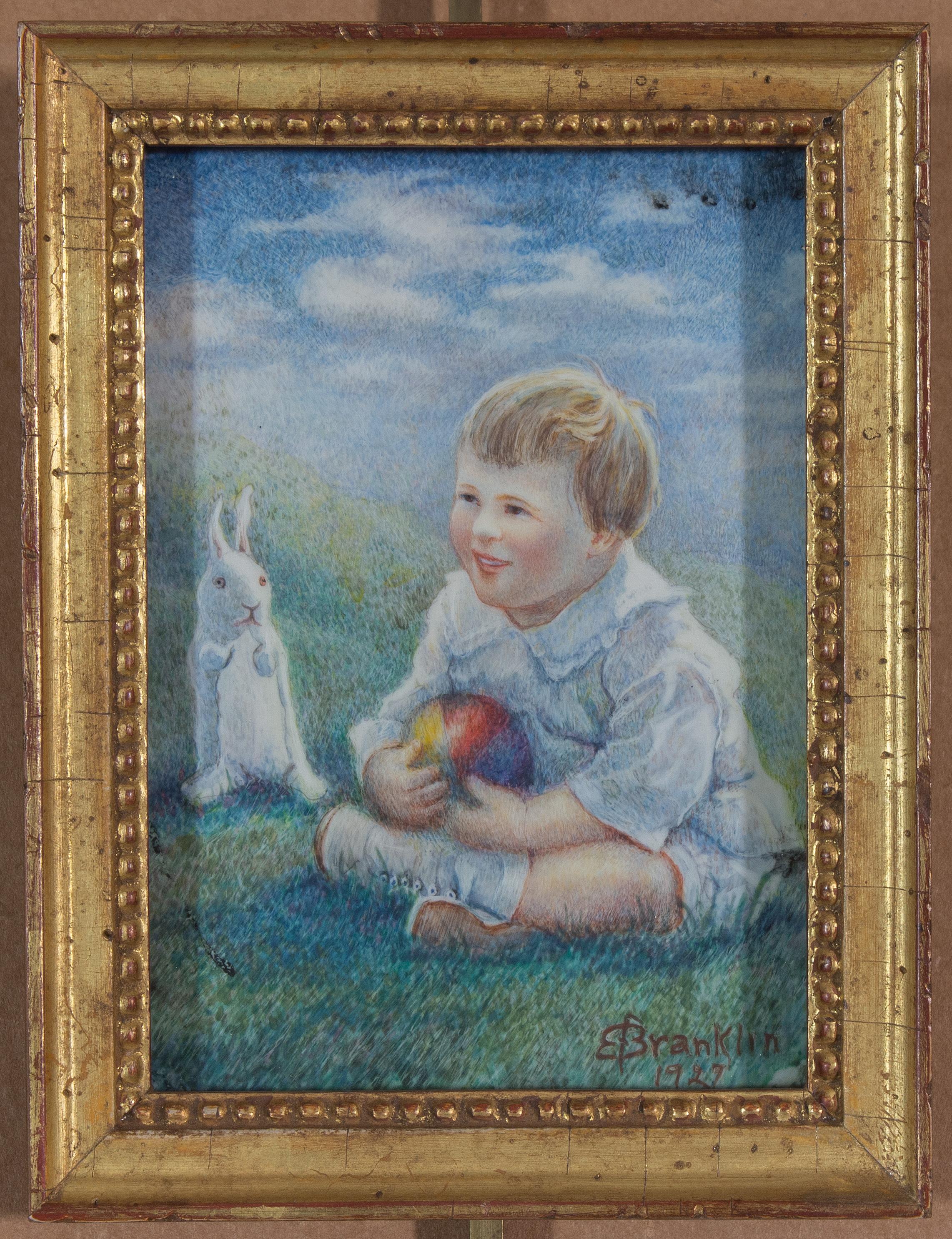 Encantadora miniatura que representa a un niño con una pelota y un conejo de peluche, 1927