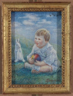 Encantadora miniatura que representa a un niño con una pelota y un conejo de peluche, 1927