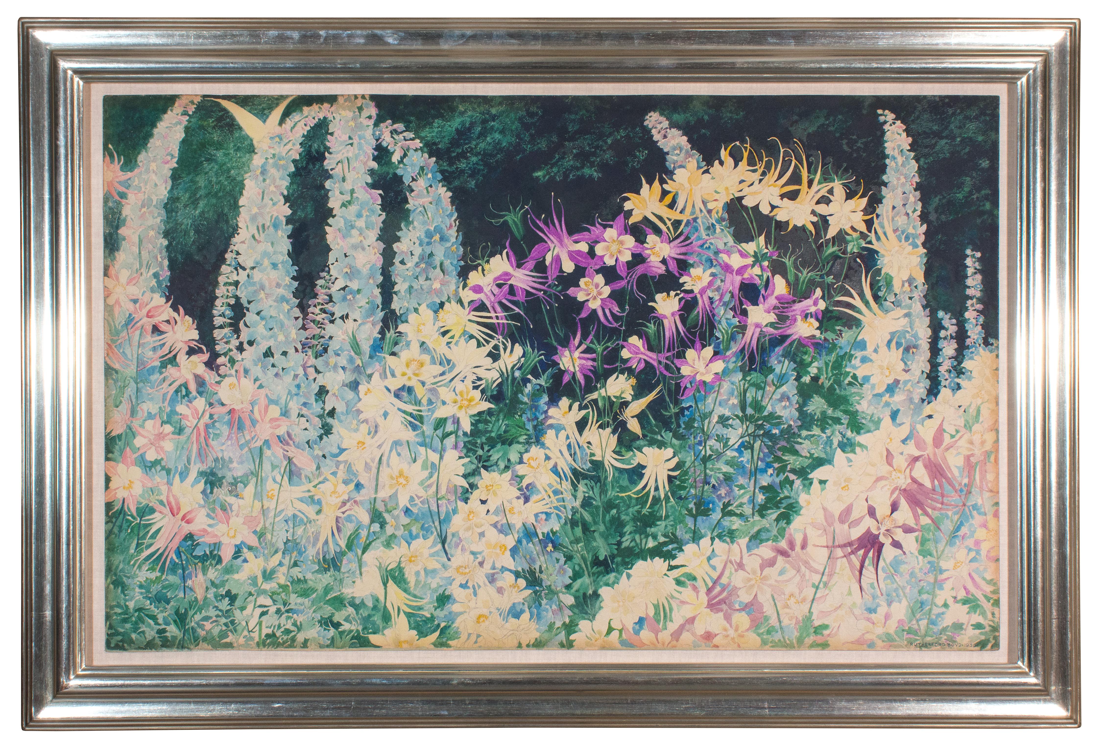 John Rutherford Boyd Still-Life – Blumen: Aquilegia und Delphinium – amerikanisches impressionistisches Aquarell auf Papier