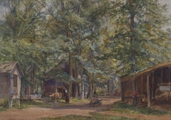 Bauernhofszene mit Figuren, um 1870, ein Aquarell eines irischen Künstlers, der in den USA arbeitete