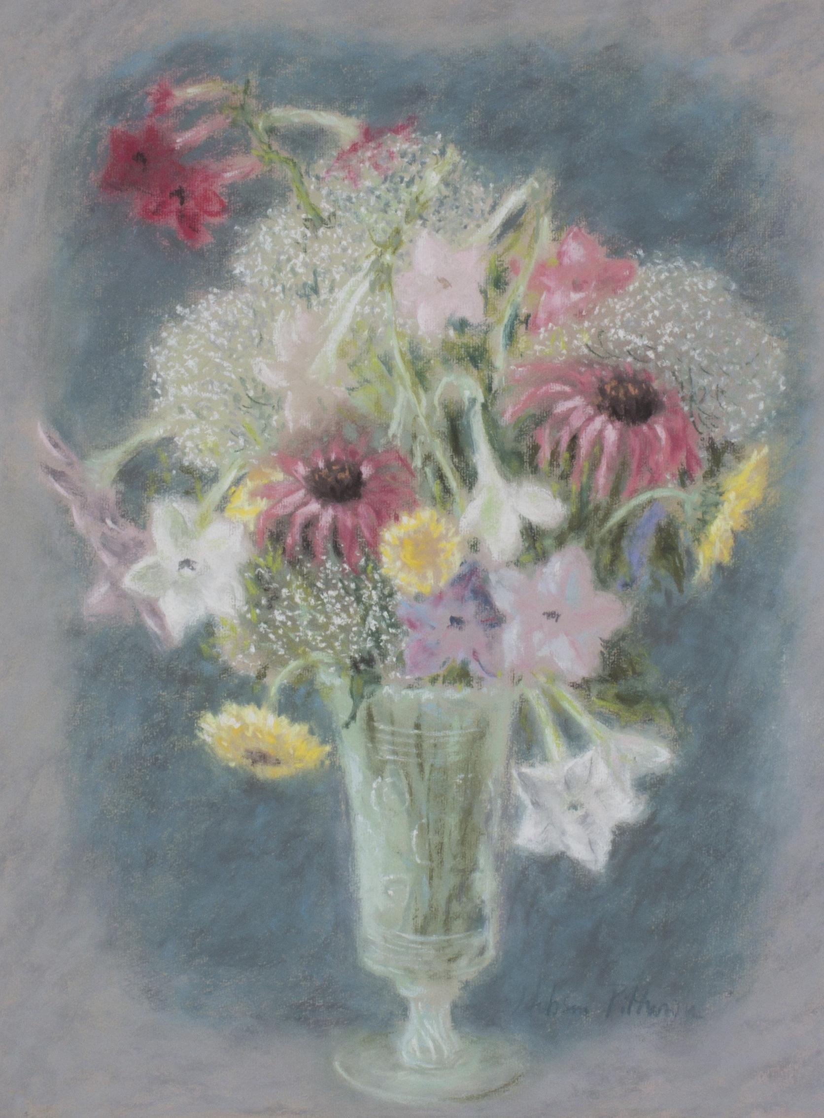 Blumenstrauß in einer Glasvase – ein Pastell von Hobson Pittman im Angebot 1
