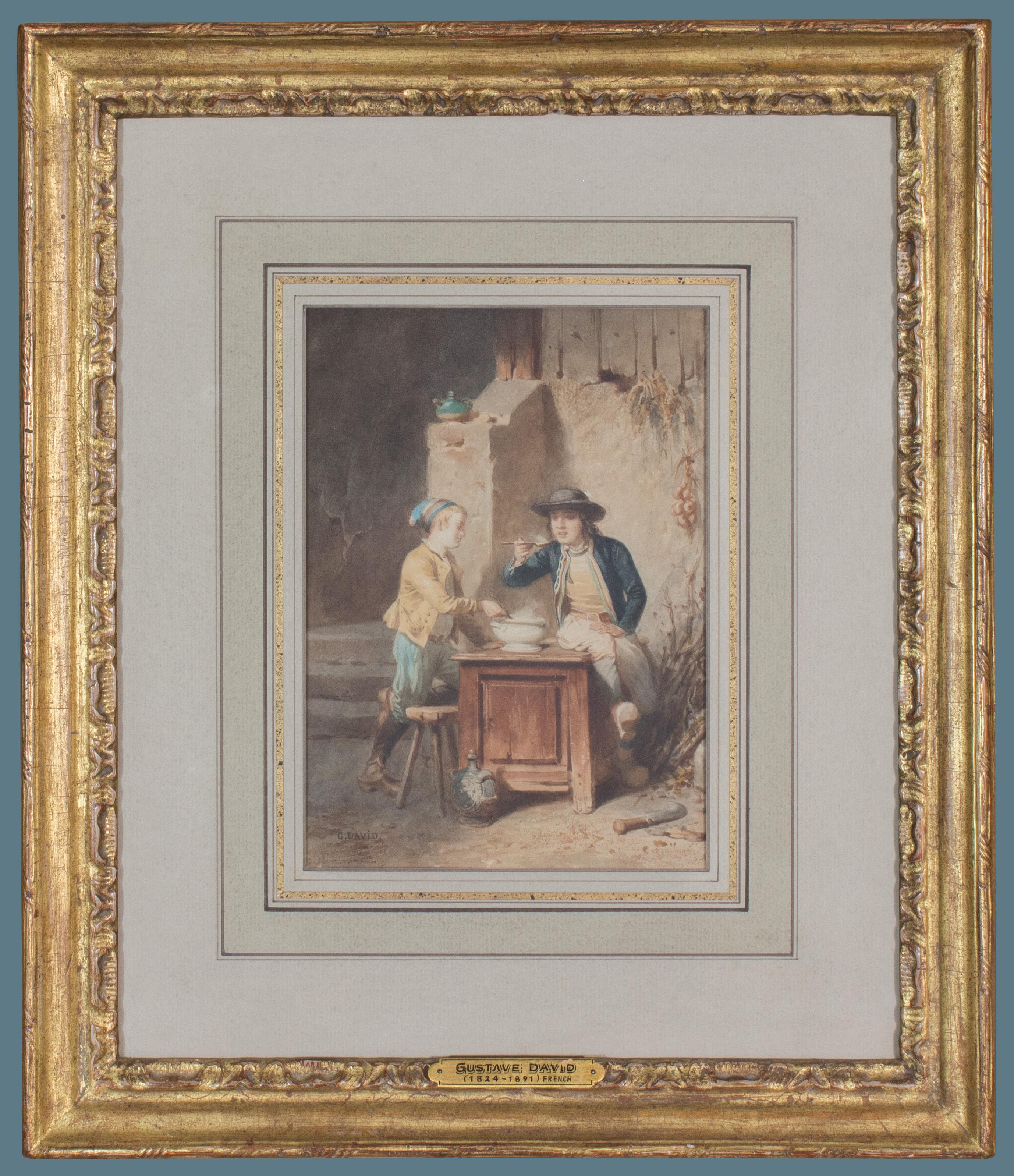 Tasting the Soup: ein Werk auf Papier des britischen Künstlers Gustav David aus dem 19. Jahrhundert