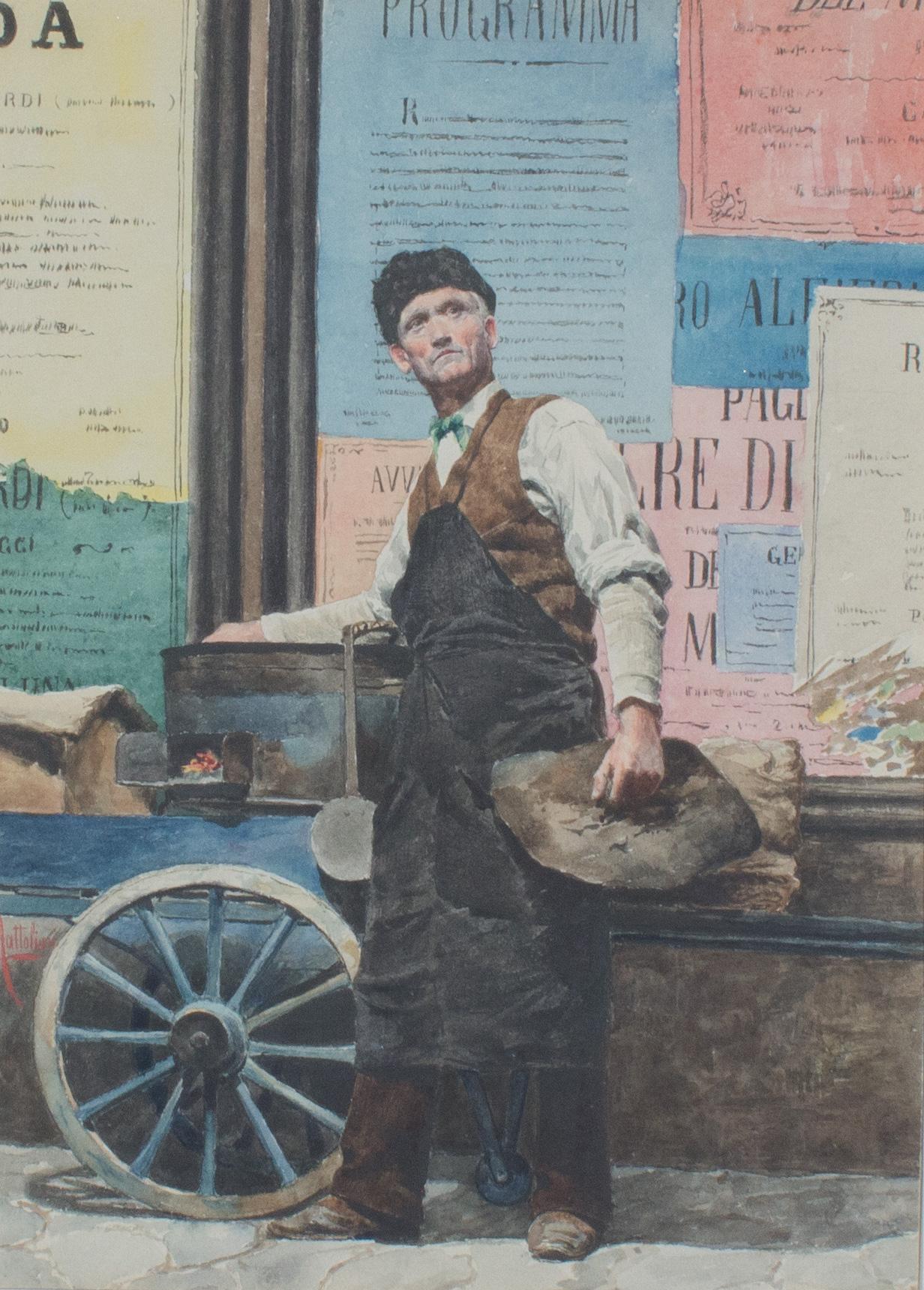 The Chestnut Vendor: an early 20th century Italian watercolor signed A.Mattolini - Art by A. Mattolini