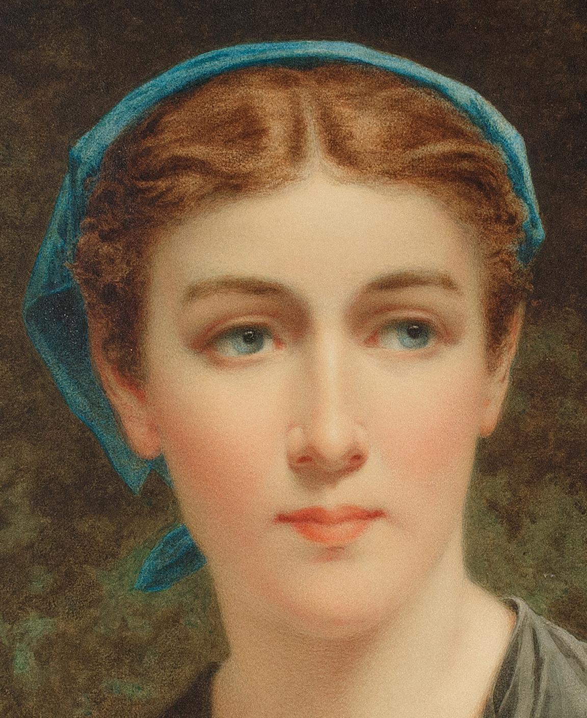 Woman with a Blue Kerchief: watercolor by Irish artist Magrath - Realist Art by William Magrath
