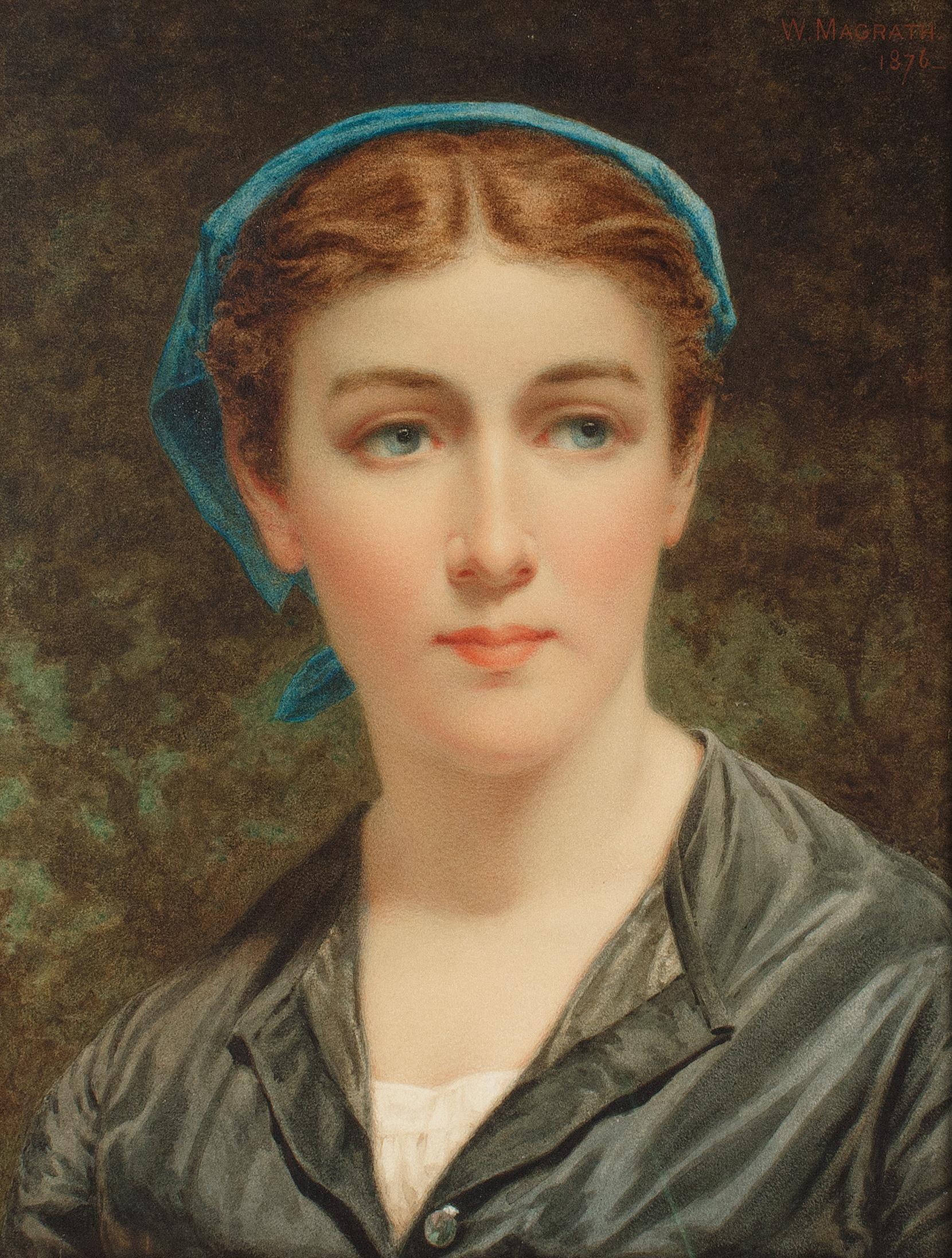 Woman with a Blue Kerchief: watercolor by Irish artist Magrath - Art by William Magrath