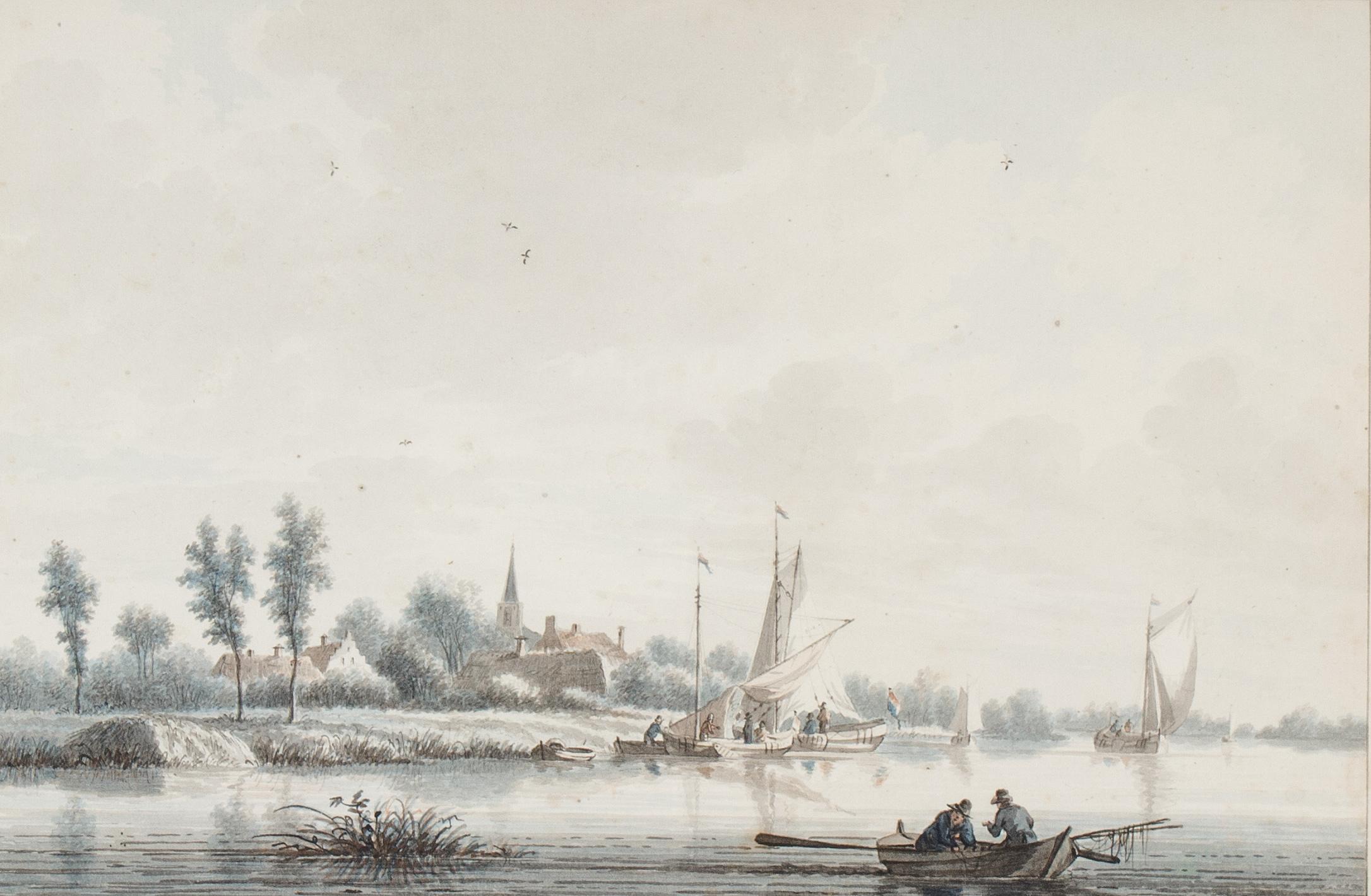 Village de Lekkerkerk sur la rivière Lek : une aquarelle néerlandaise du 18e siècle - Art de Nicolaes Wicart