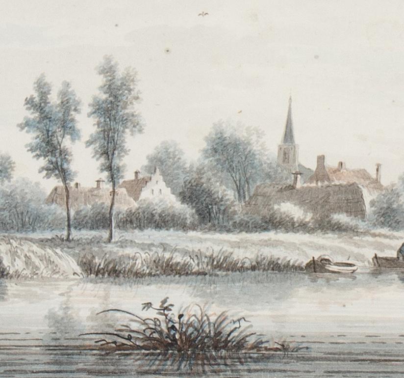 Village of Lekkerkerk on the River Lek: a 18th century dutch watercolor - Realist Art by Nicolaes Wicart