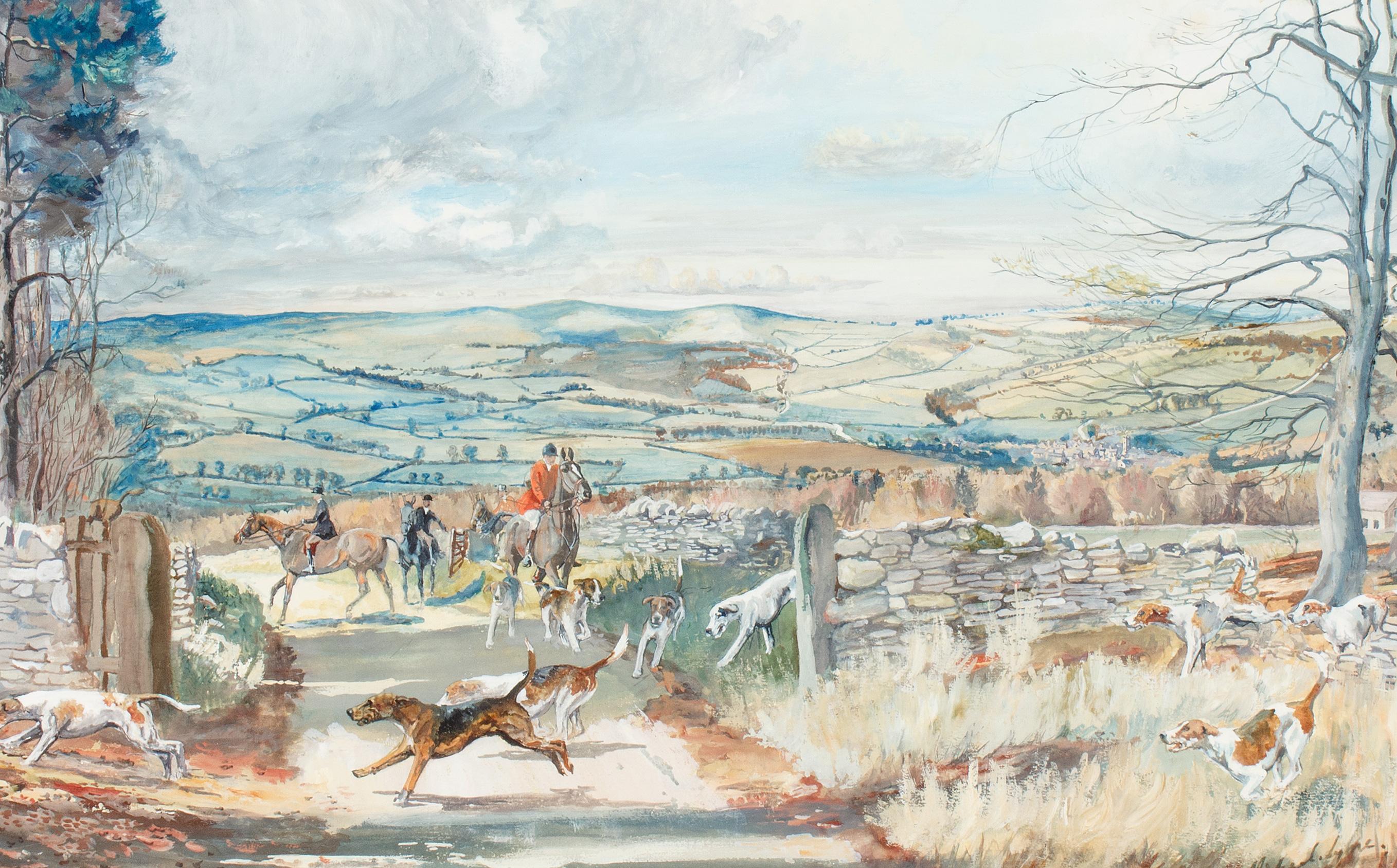 Michael Lyne
(English, 1912-1989)
North Cotswold Hounds on Sudeley Hill, 1934
Gouache on paper, 11 3/4 x 18 1/2 inches
Signed and dated at lower right: 