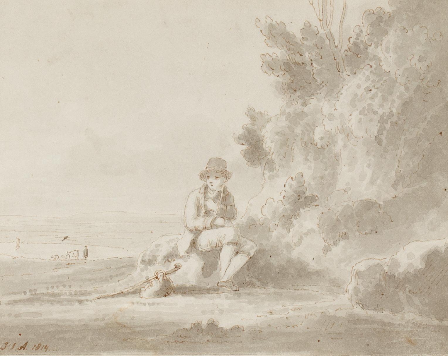 Pastoral Drawing of a Young Man Resting by the Roadside - Art by Jacques-Laurent Agasse