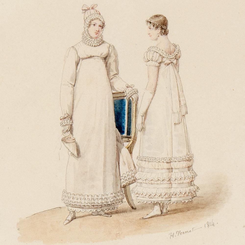 La moda francesa: Dos damas, dibujo de Horace Vernet, 1814 - Art Realista de Émile Jean-Horace Vernet 