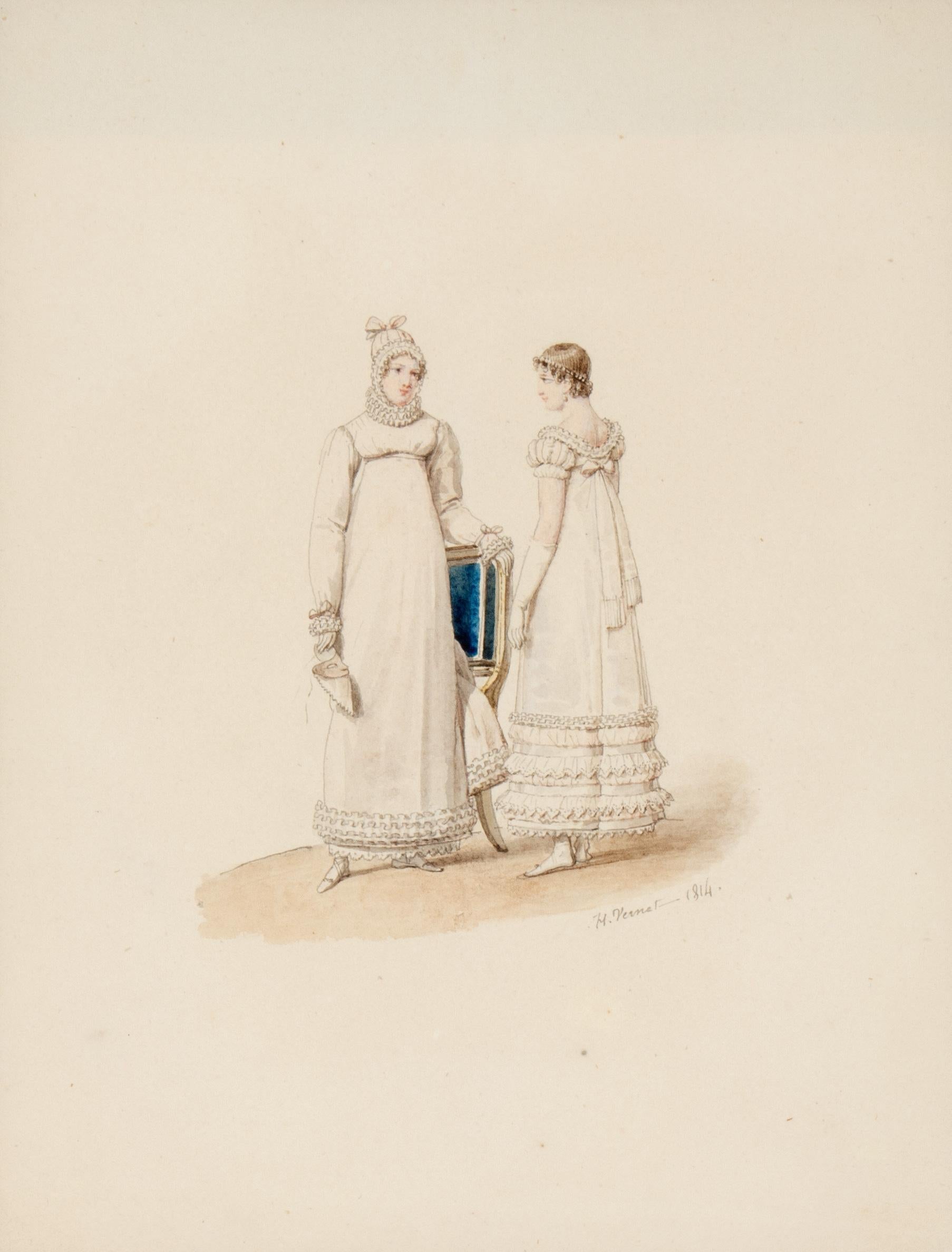 La moda francesa: Dos damas, dibujo de Horace Vernet, 1814 - Art de Émile Jean-Horace Vernet 
