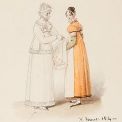 Französische Mode: Dame und ihre Jungfrau, eine Zeichnung von Horace Vernet, 1814