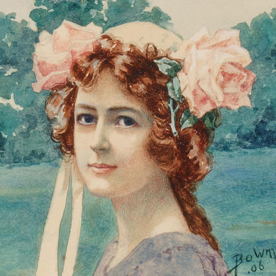 Watercolor Portrait of a Girl with Roses signed Bowman 1906 - Realist Art by Unknown