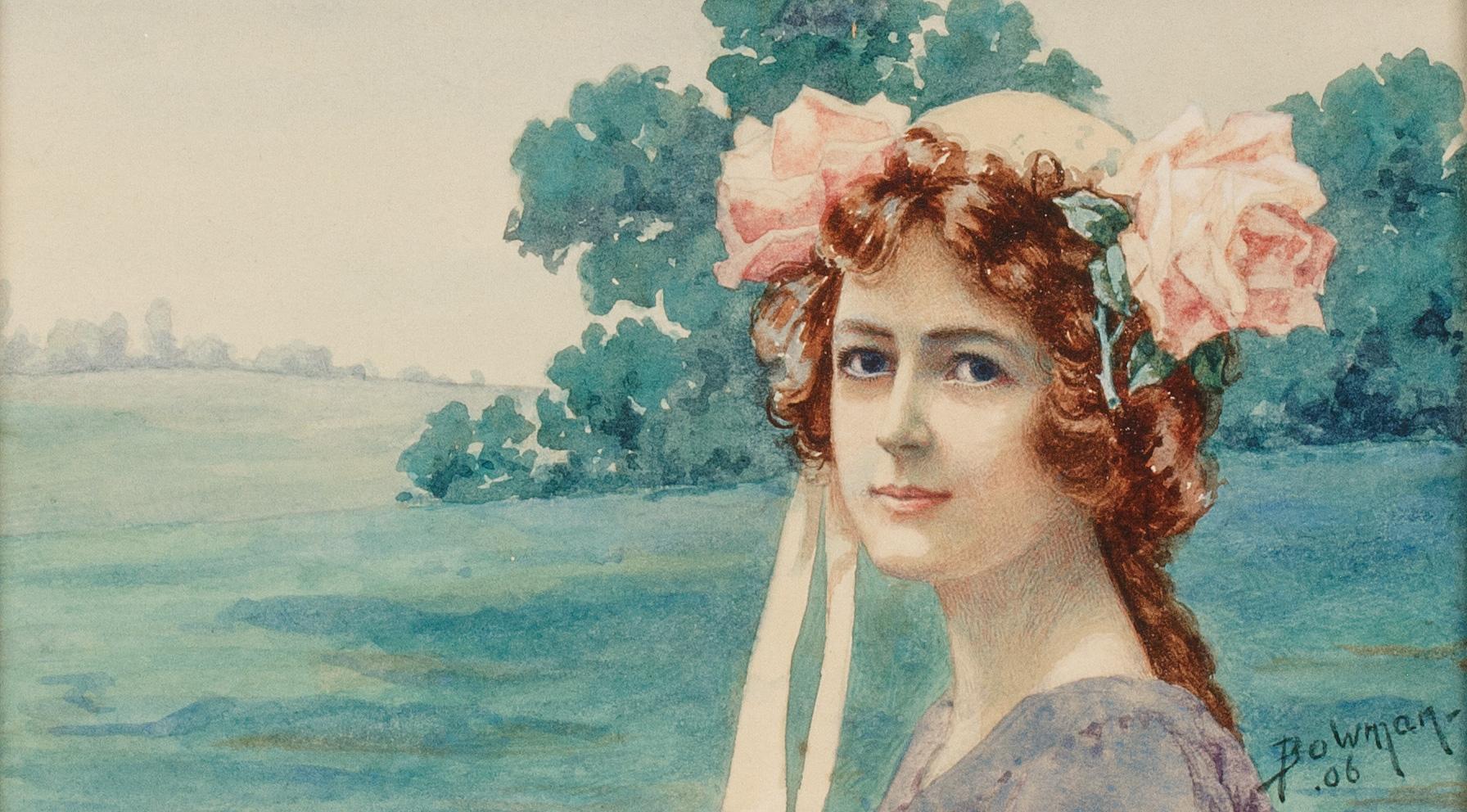 Aquarell-Aquarellporträt eines Mädchens mit Rosen signiert Bowman 1906 – Art von Unknown
