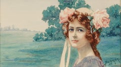 Watercolor Portrait of a Girl with Roses signed Bowman 1906