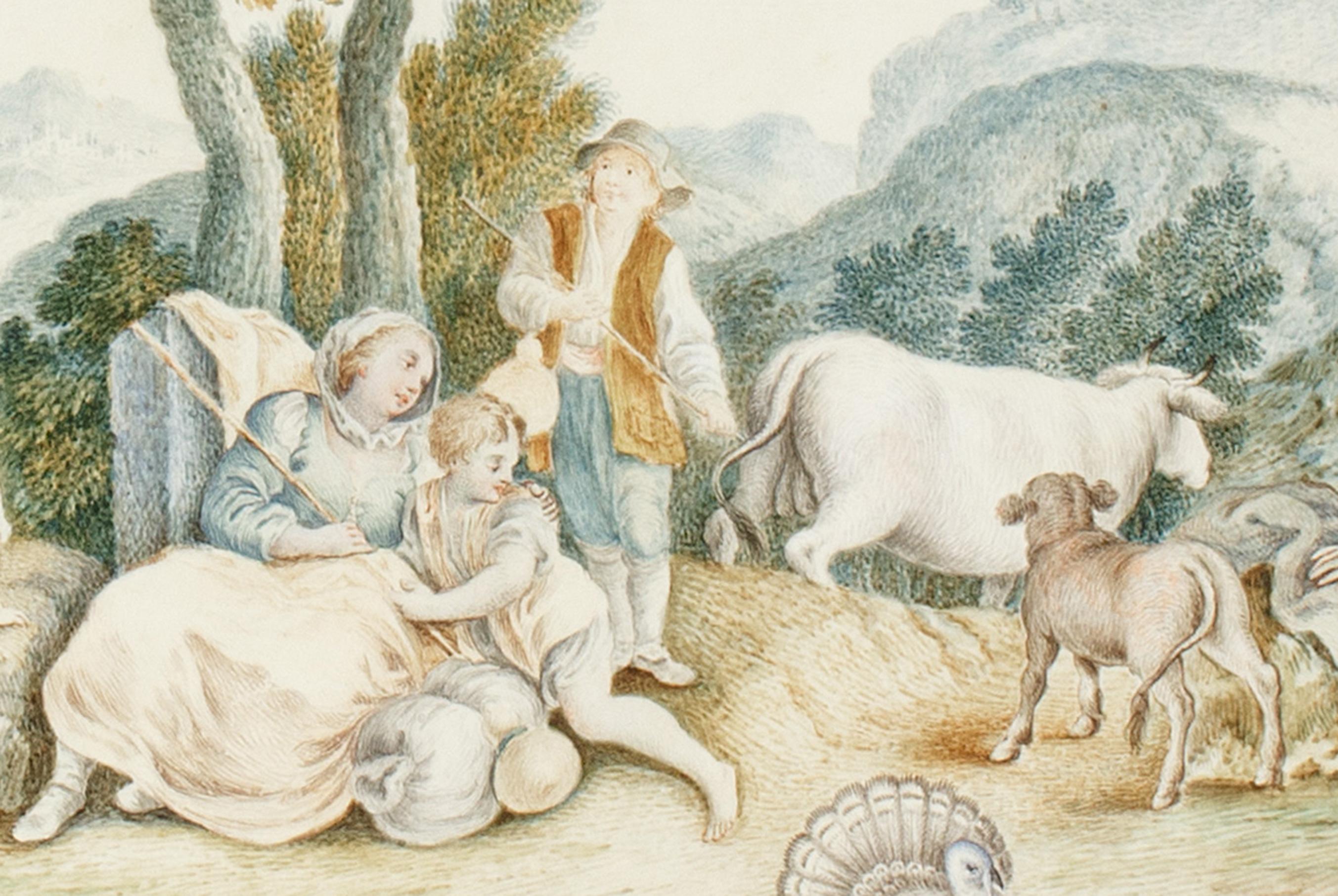 Scène pastorale européenne sur Vellum. Probablement le XVIIIe siècle - Maîtres anciens Art par Unknown