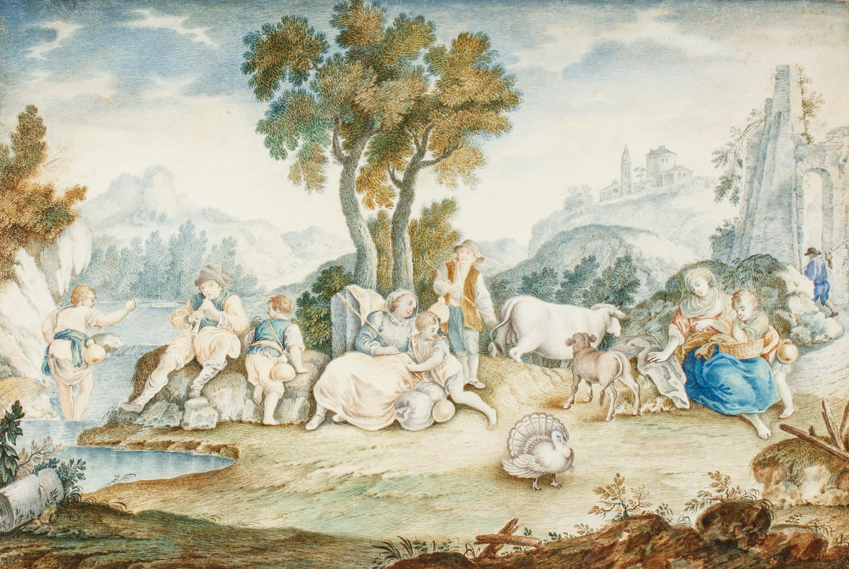 Scène pastorale européenne sur Vellum. Probablement le XVIIIe siècle - Art de Unknown