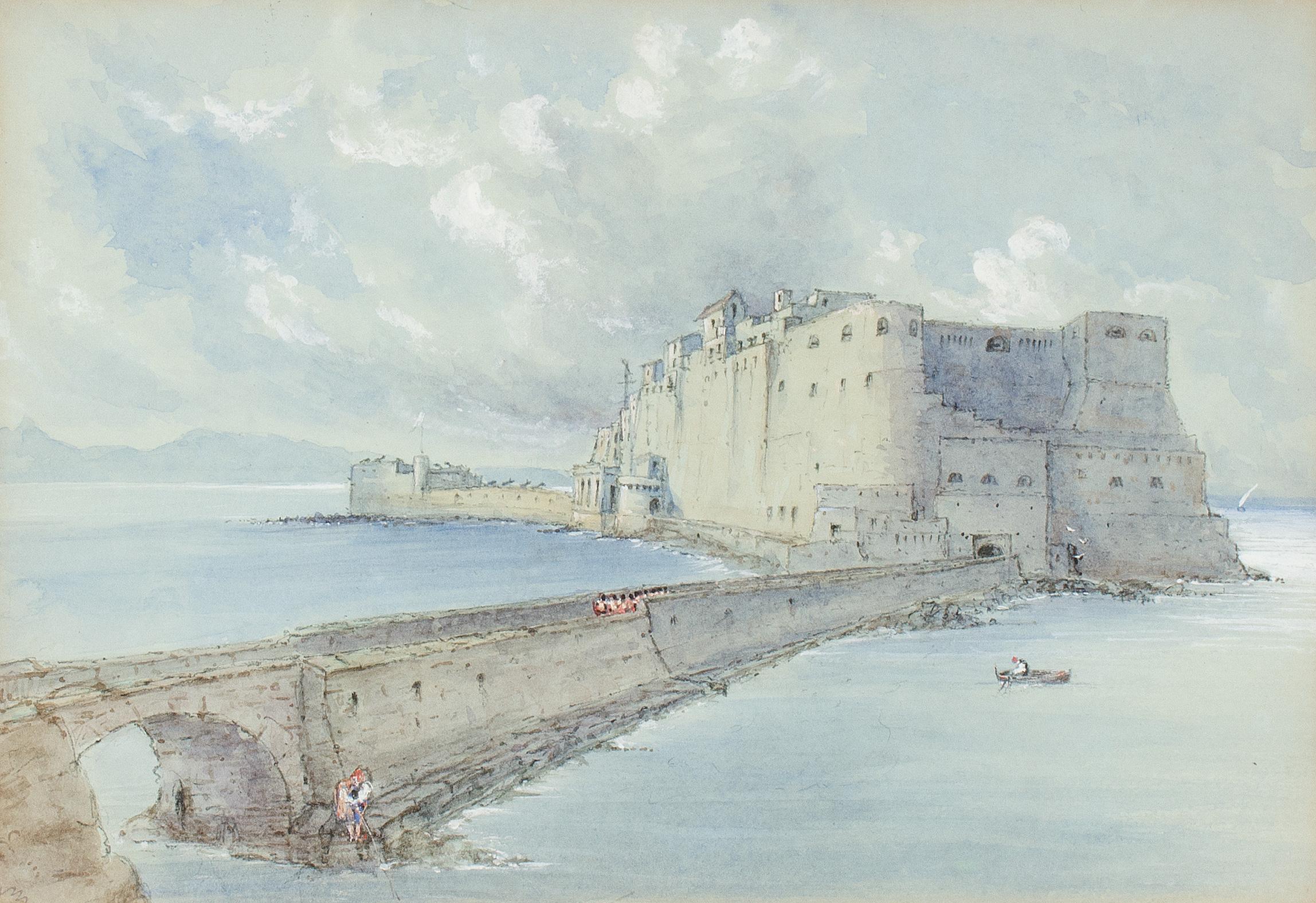 Edward J. Howman
(English, nineteenth century)
Castel dell'Ovo, Naples, 1851

Watercolor and gouache on paper, 7 x 10 inches
Framed: 12 x 15 inches (approx.)
Label on backing verso: (in ink) “