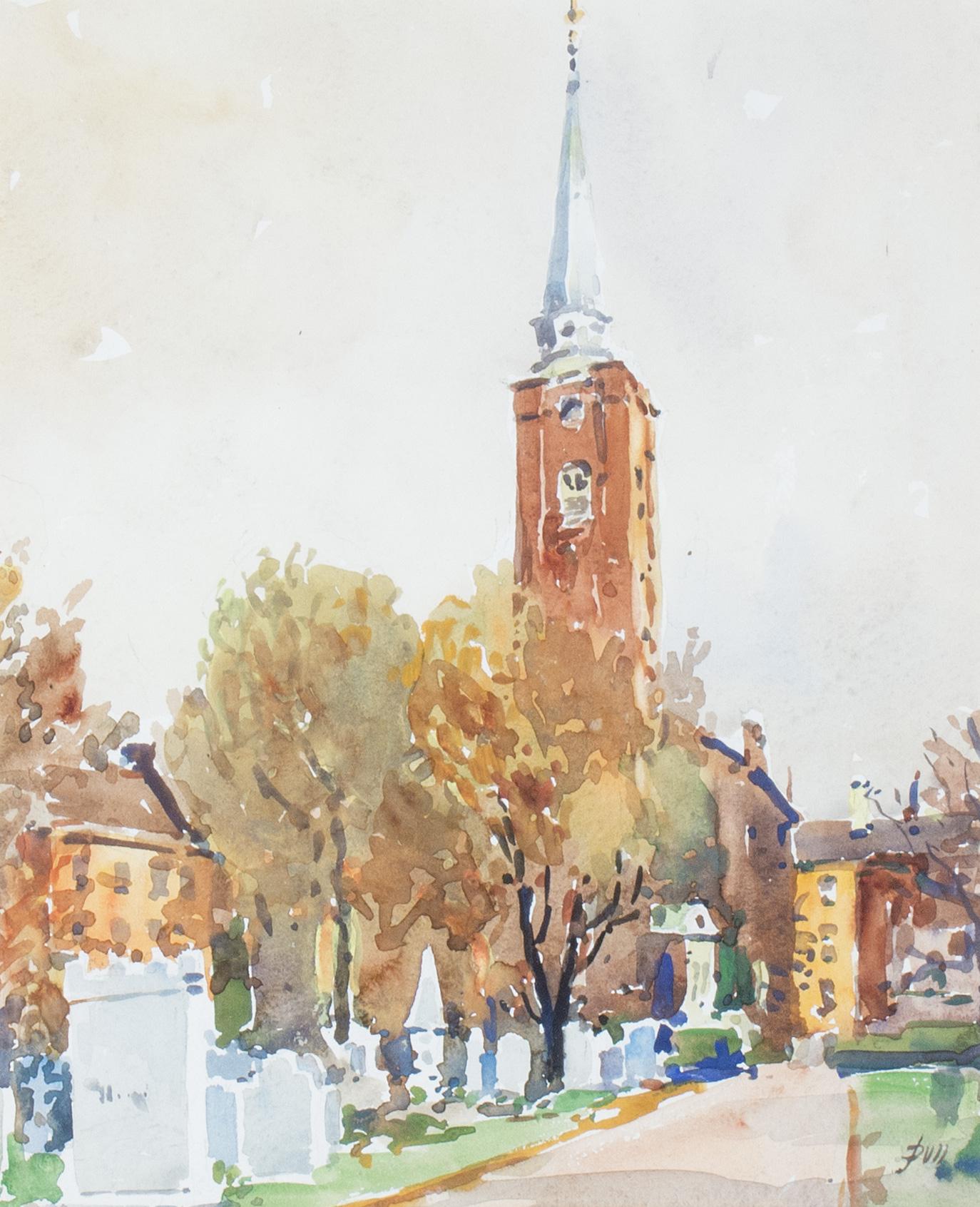 Veduta ad acquerello della Church's di Peters, Filadelfia, Pennsylvania - Art di John Dull