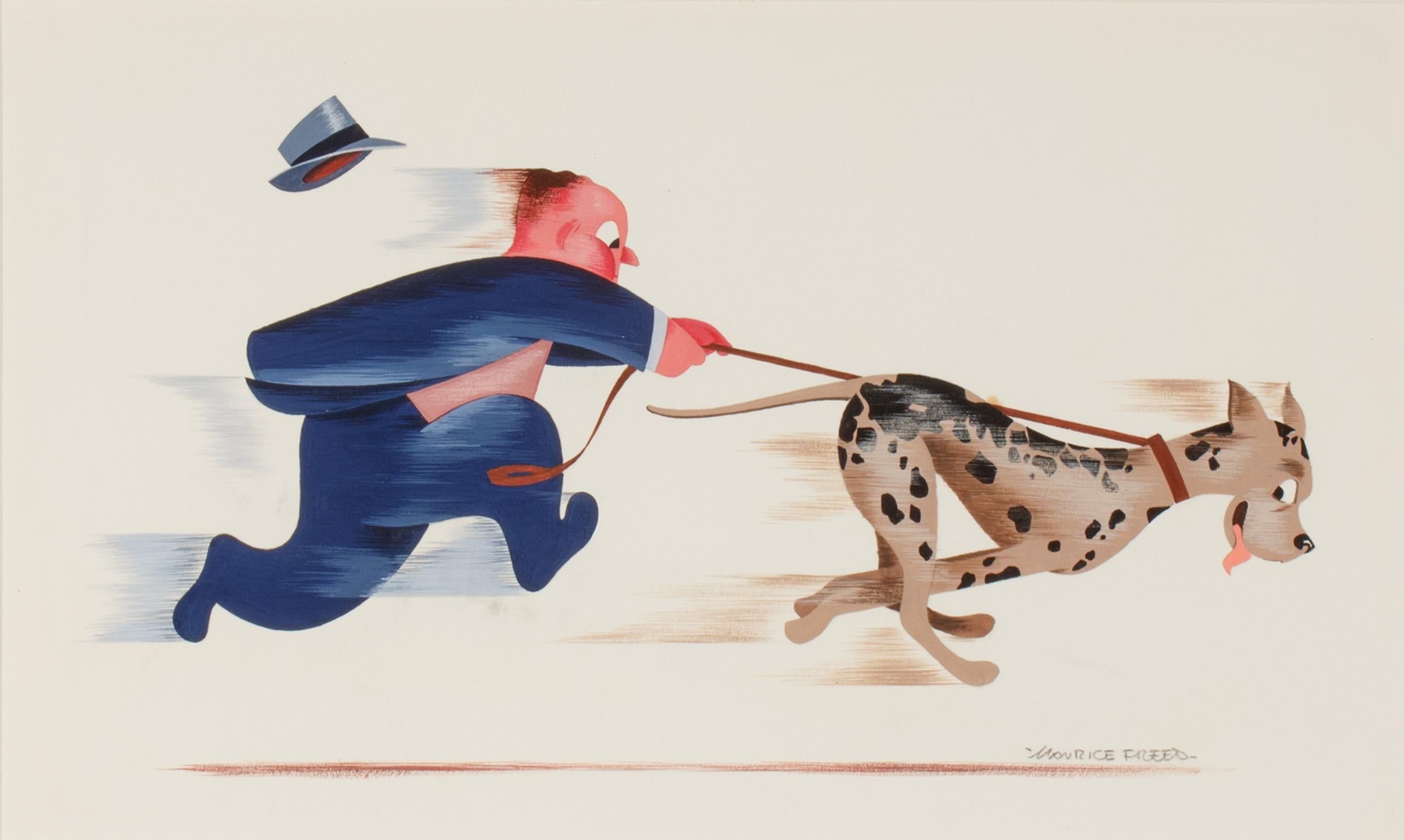 Ilustración humorística de un hombre paseando a su perro por Maurice Freed en venta 2