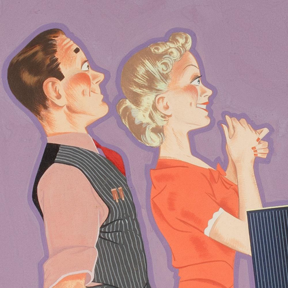 Ilustración caprichosa de una pareja con un proyector de cine casero por Maurice Freed en venta 1