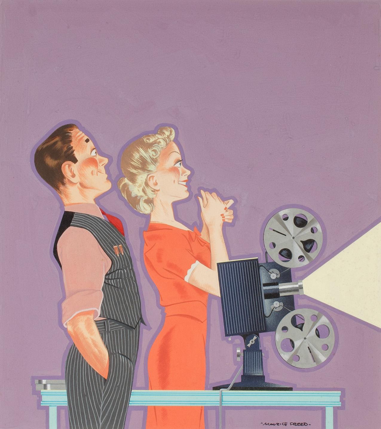 Ilustración caprichosa de una pareja con un proyector de cine casero por Maurice Freed en venta 2