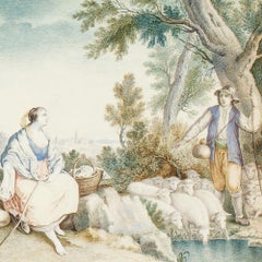Peasants in a Landscape: Antique Watercolor on Vellum