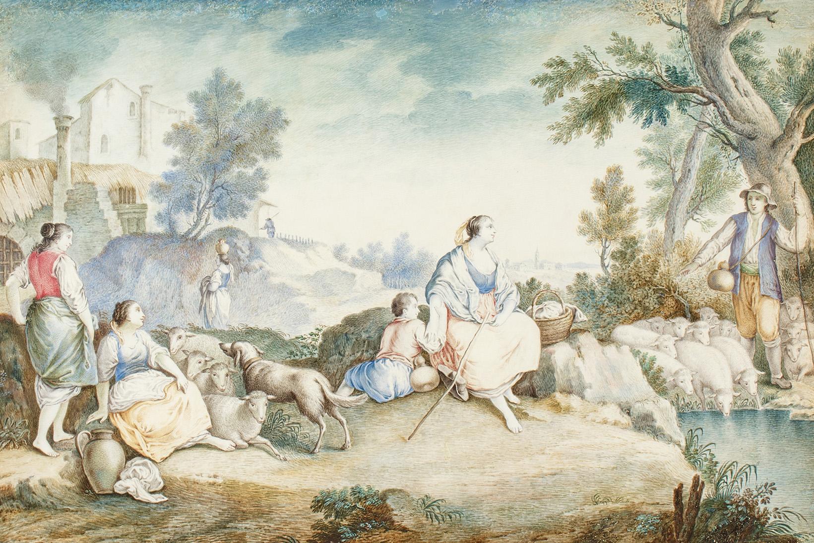 Campesinos en un paisaje: Acuarela antigua sobre vitela - Art Escuela francesa de Unknown
