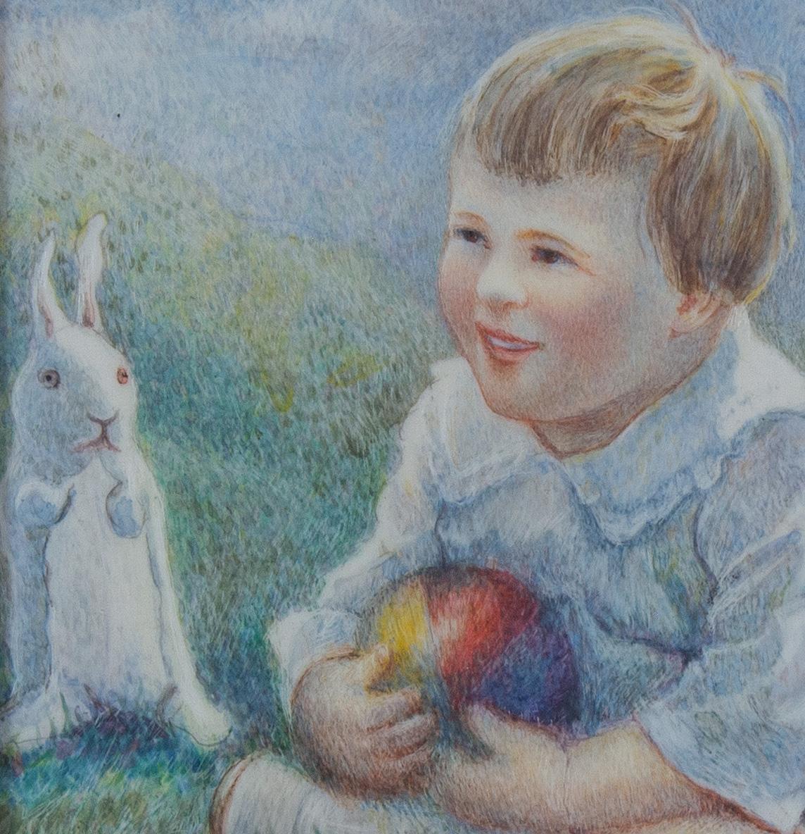 Charming Miniature depicting a Child with Ball and Stuffed Rabbit, 1927 - Realist Art by Edith Bonney Franklin
