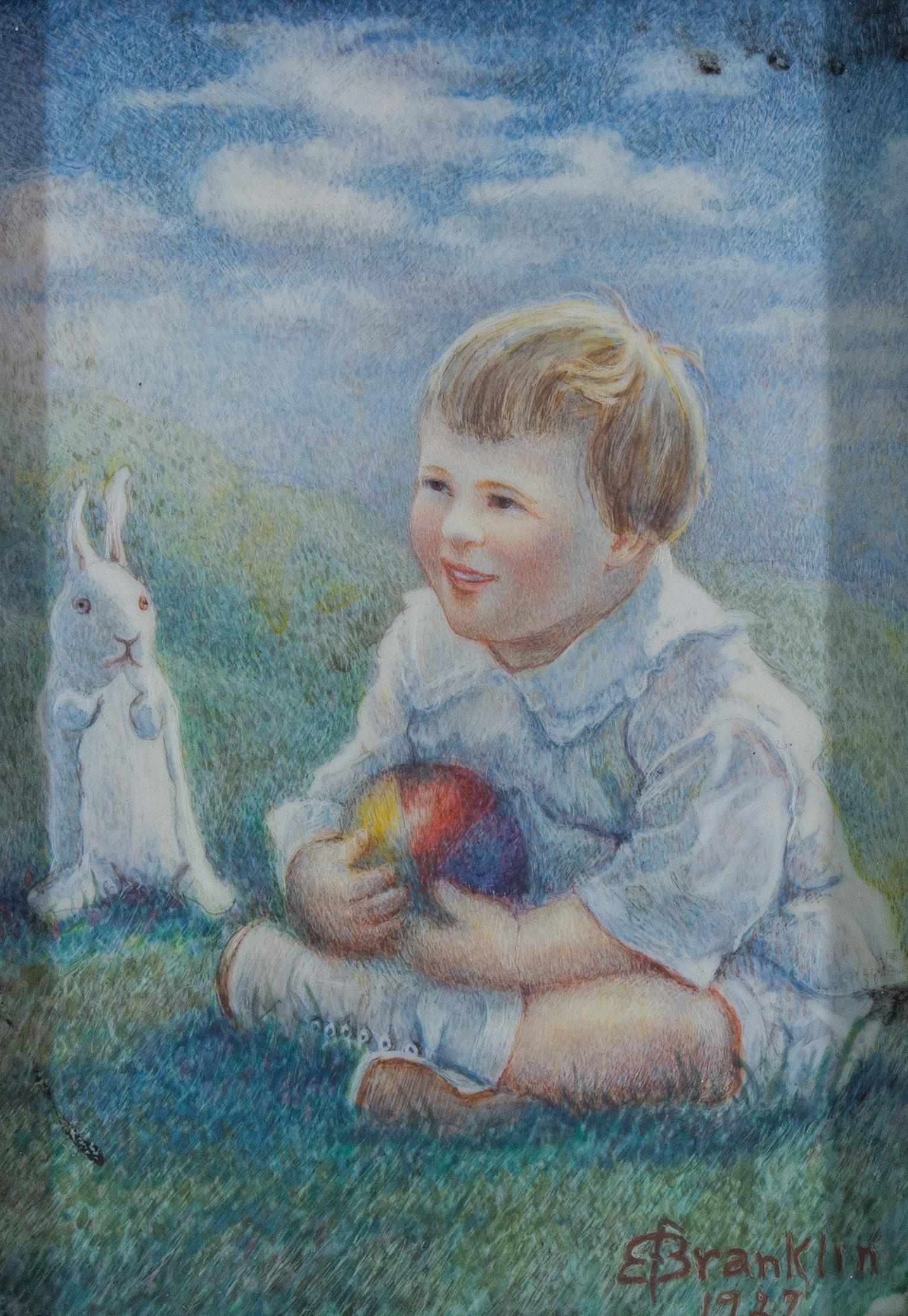 Charming Miniature depicting a Child with Ball and Stuffed Rabbit, 1927 - Art by Edith Bonney Franklin