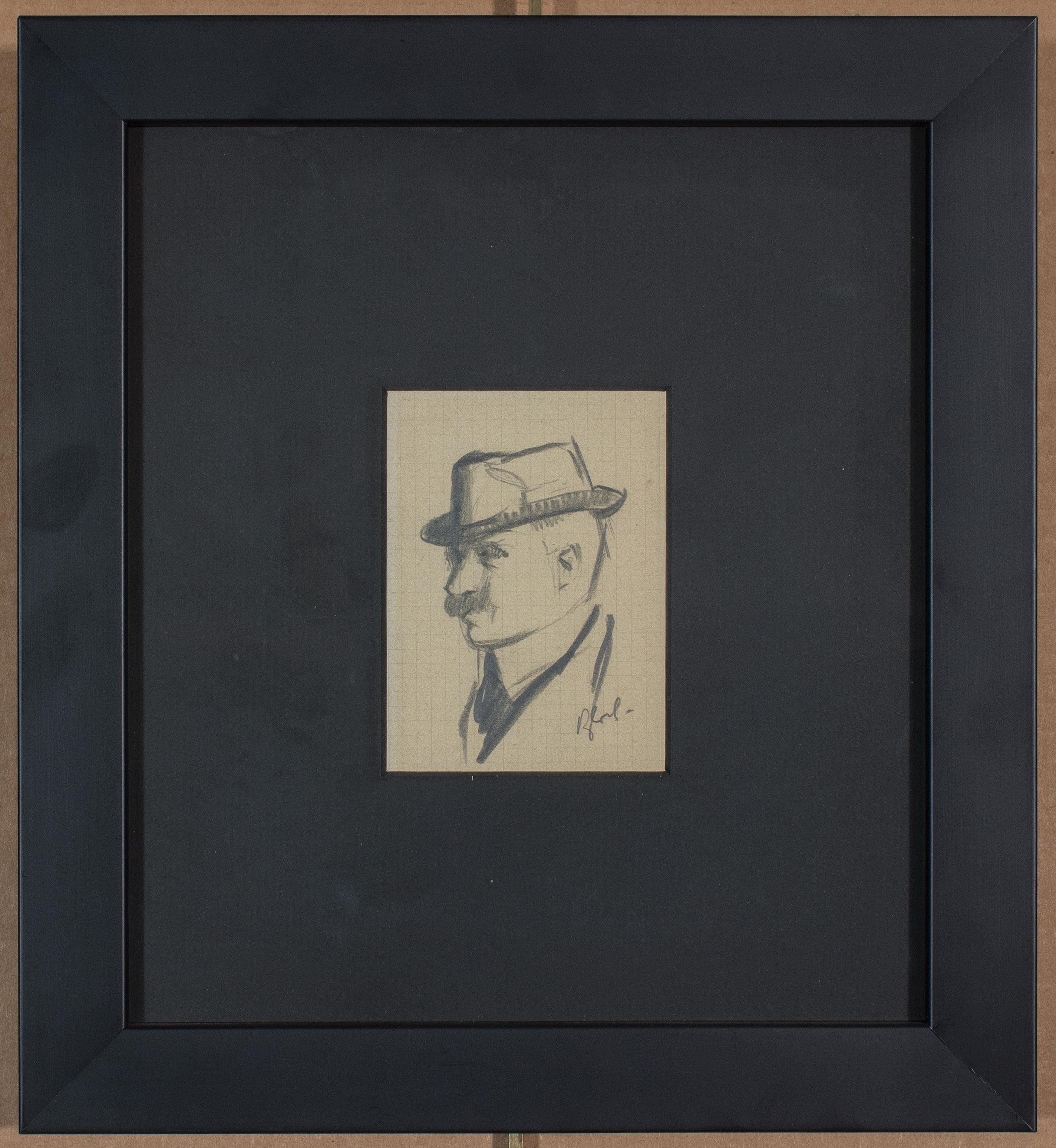 Julius Thiengen Bloch
(Amerikaner, geboren in Deutschland, 1888-1966)
Mann mit Schnurrbart und Hut

Buntstift auf Papier, 6 x 4 1/2 Zoll
GERAHMT: 12 x 11 Zoll (ca.)
Signiert unten rechts: "Bloch".

Diese Skizze stammt direkt aus der Sammlung von