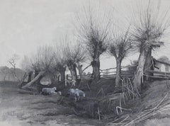 Charles Lewis Fussell - Grisaille Watercolor of Sheep in a Landscape, 1895 Antique Grisaille Watercolor of Sheep in a Landscape, 1895