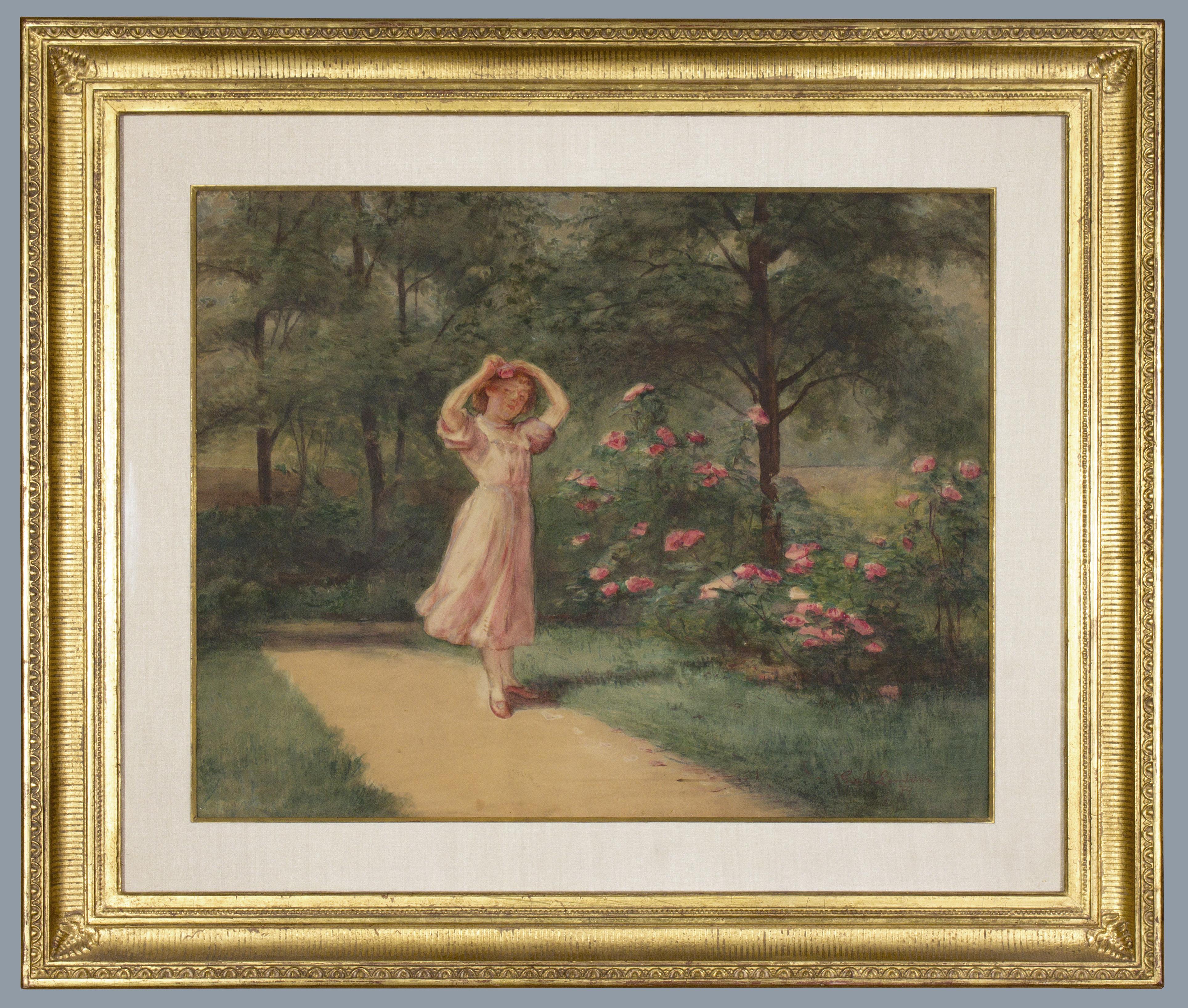 Landscape Art di George Cochran Lambdin - Acquerello di Ragazza in un roseto di George Lambdin, 1879
