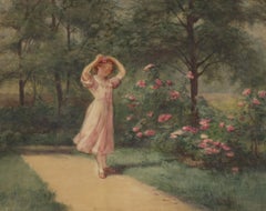 Watercolor of Girl in a Rose Garden by George Lambdin, 1879