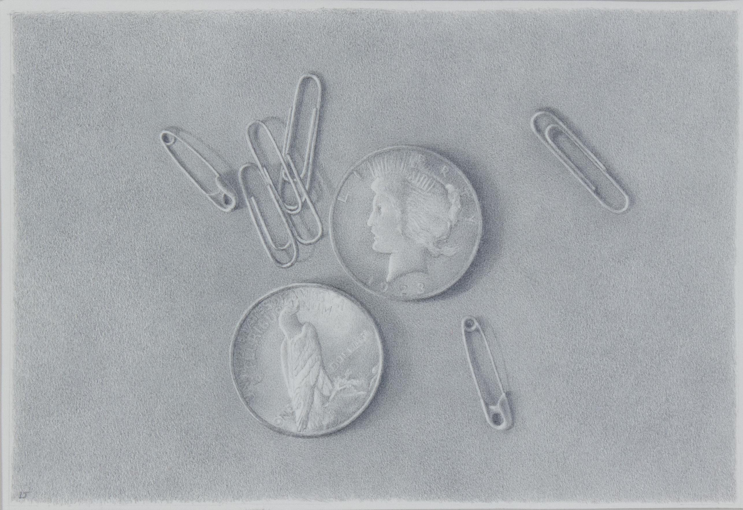 Lowell Tolstedt Still-Life - Still Life: Silver Dollars with Pins and Paper Clips