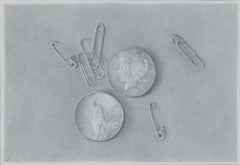 Still Life: Silver Dollars with Pins and Paper Clips
