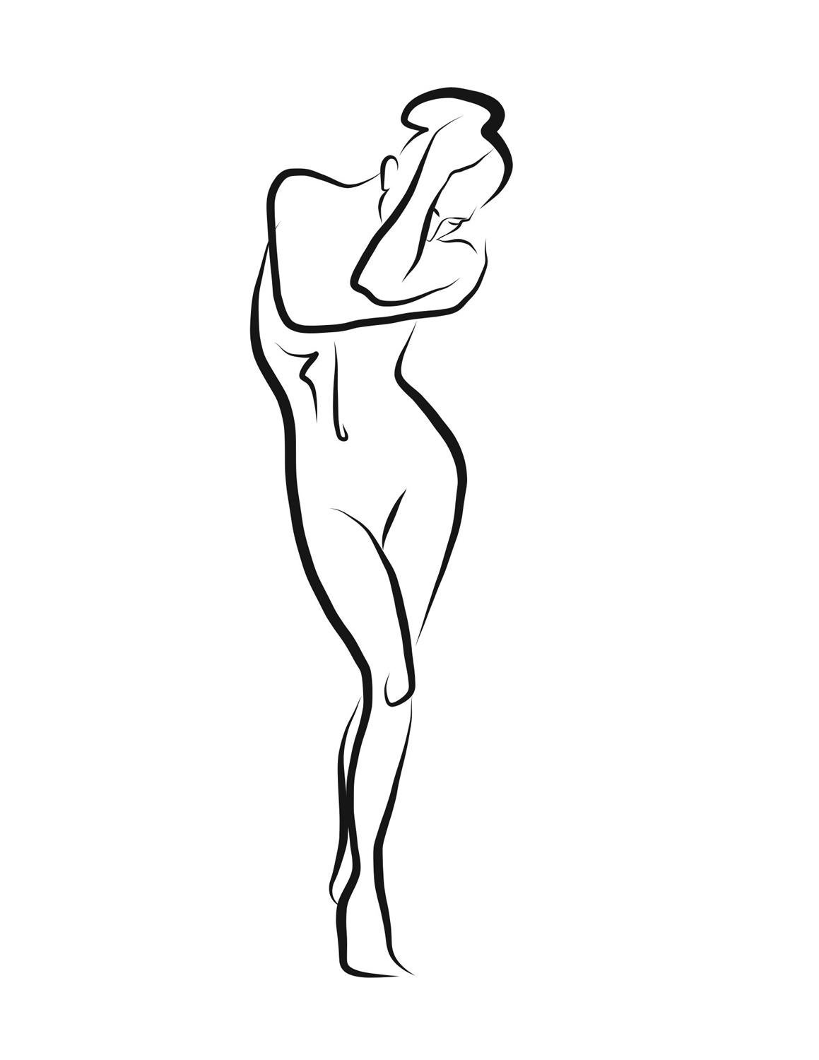 Haiku #26, 1/50 - Digital Vector Drawing Shy Standing Female Nude Woman Figure